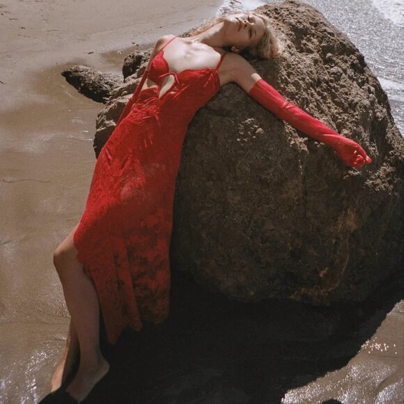 For Love and Lemons Kaia Lace Maxi Dress XS NEW Red Bodysuit Cut Out Slit Sexy - Picture 9 of 9